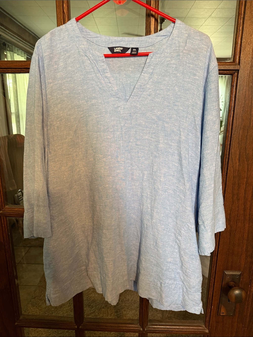 Lands End Womens XXL Light Blue Linen Blend V-Neck 3/4 Sleeve Tunic‎ Top Pockets